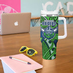 Canberra Raiders Rugby Tumbler With Handle Polynesian Tribal Viking Warrior Green Blue Pattern