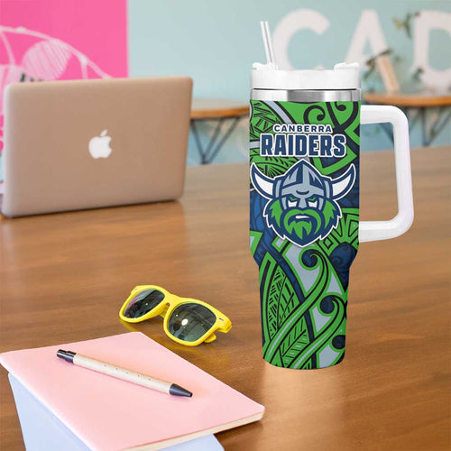 Canberra Raiders Rugby Tumbler With Handle Polynesian Tribal Viking Warrior Green Blue Pattern