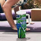 Canberra Raiders Rugby Tumbler With Handle Polynesian Tribal Viking Warrior Green Blue Pattern