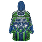 Canberra Raiders Rugby Wearable Blanket Hoodie Polynesian Tribal Viking Warrior Green Blue Pattern