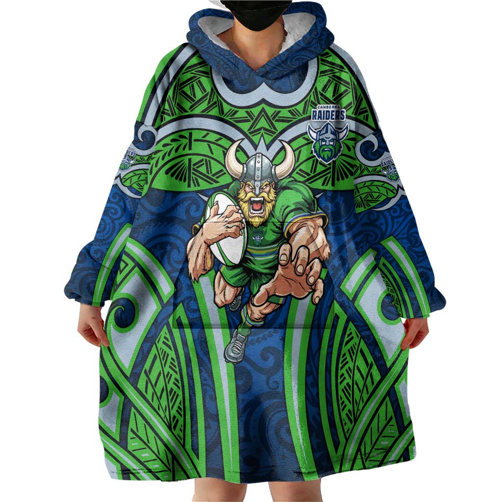 Canberra Raiders Rugby Wearable Blanket Hoodie Polynesian Tribal Viking Warrior Green Blue Pattern