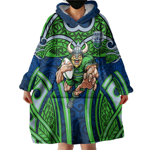 Canberra Raiders Rugby Wearable Blanket Hoodie Polynesian Tribal Viking Warrior Green Blue Pattern