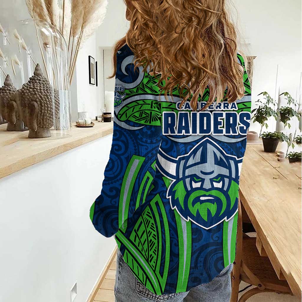 Canberra Raiders Rugby Women Casual Shirt Polynesian Tribal Viking Warrior Green Blue Pattern