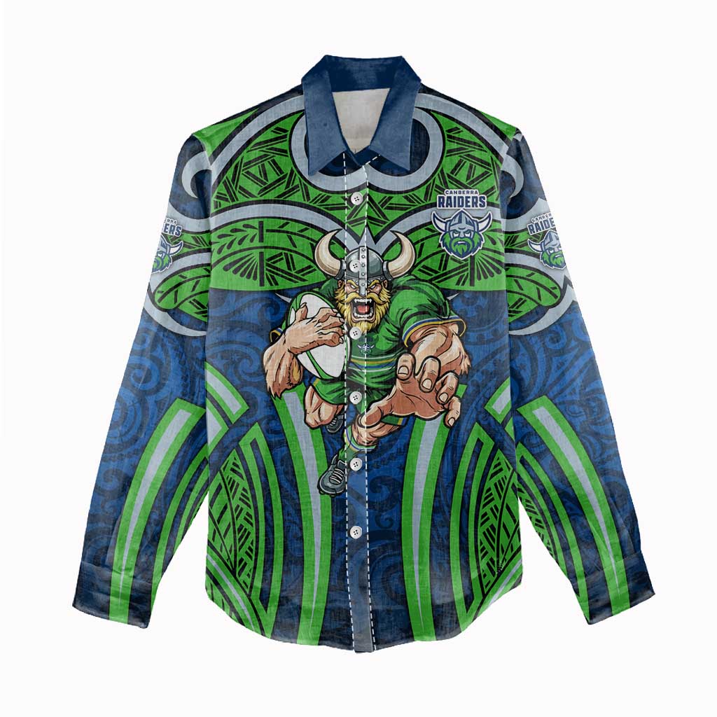 Canberra Raiders Rugby Women Casual Shirt Polynesian Tribal Viking Warrior Green Blue Pattern