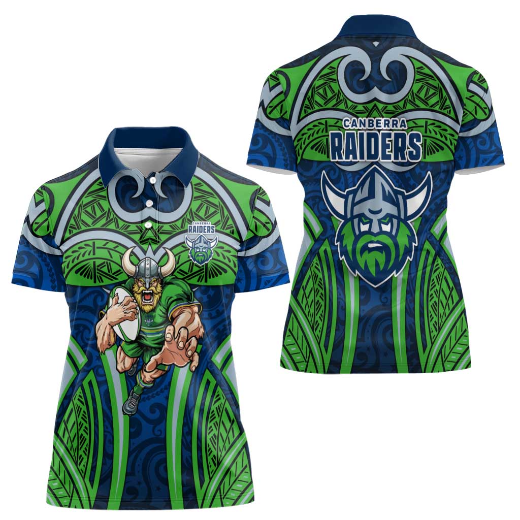 Canberra Raiders Rugby Women Polo Shirt Polynesian Tribal Viking Warrior Green Blue Pattern