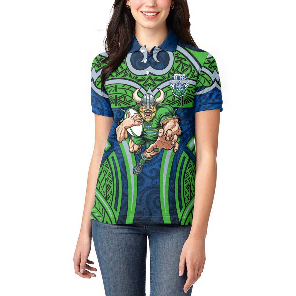 Canberra Raiders Rugby Women Polo Shirt Polynesian Tribal Viking Warrior Green Blue Pattern