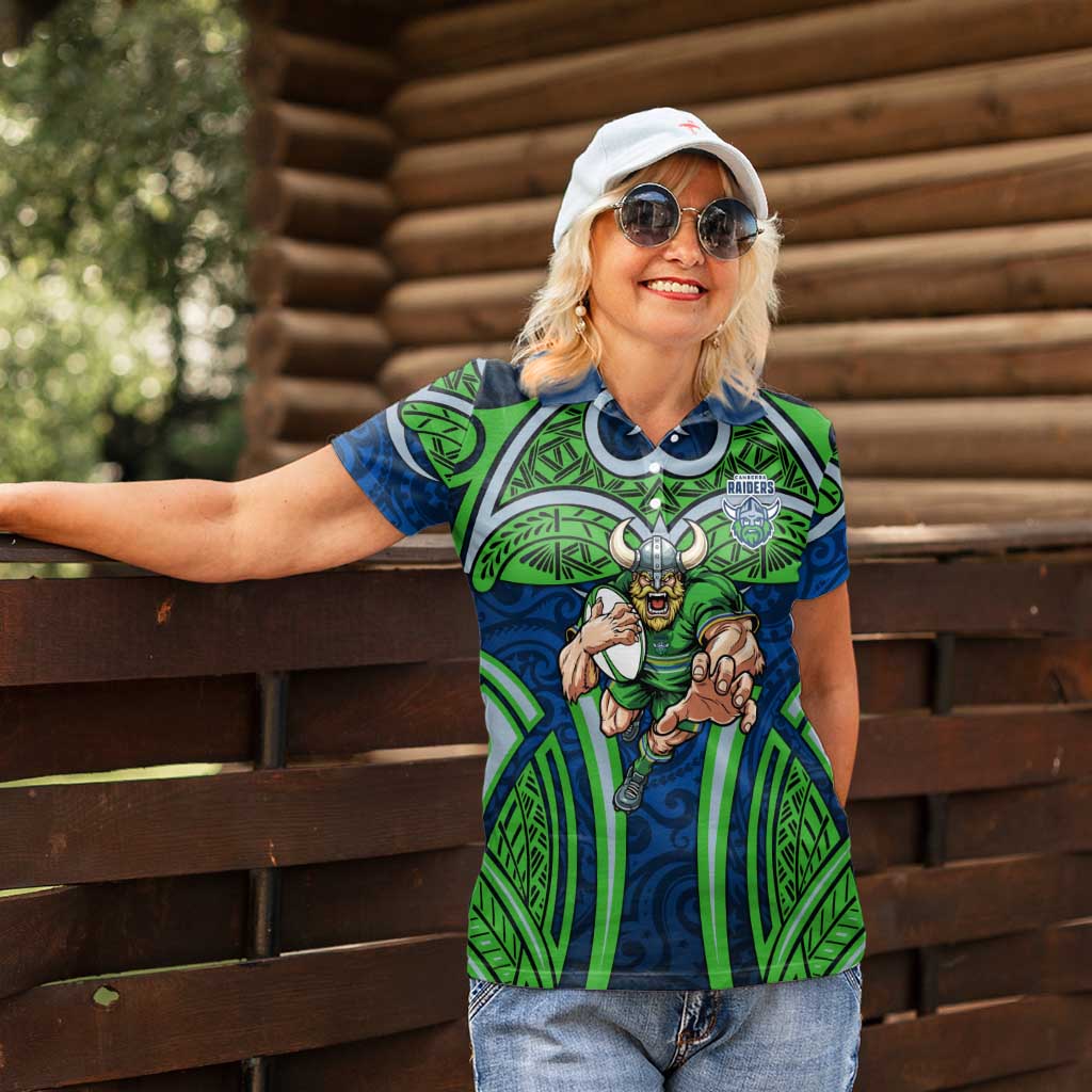 Canberra Raiders Rugby Women Polo Shirt Polynesian Tribal Viking Warrior Green Blue Pattern