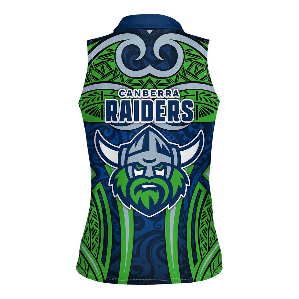 Canberra Raiders Rugby Women Sleeveless Polo Shirt Polynesian Tribal Viking Warrior Green Blue Pattern
