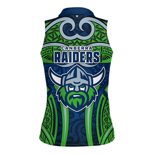 Canberra Raiders Rugby Women Sleeveless Polo Shirt Polynesian Tribal Viking Warrior Green Blue Pattern
