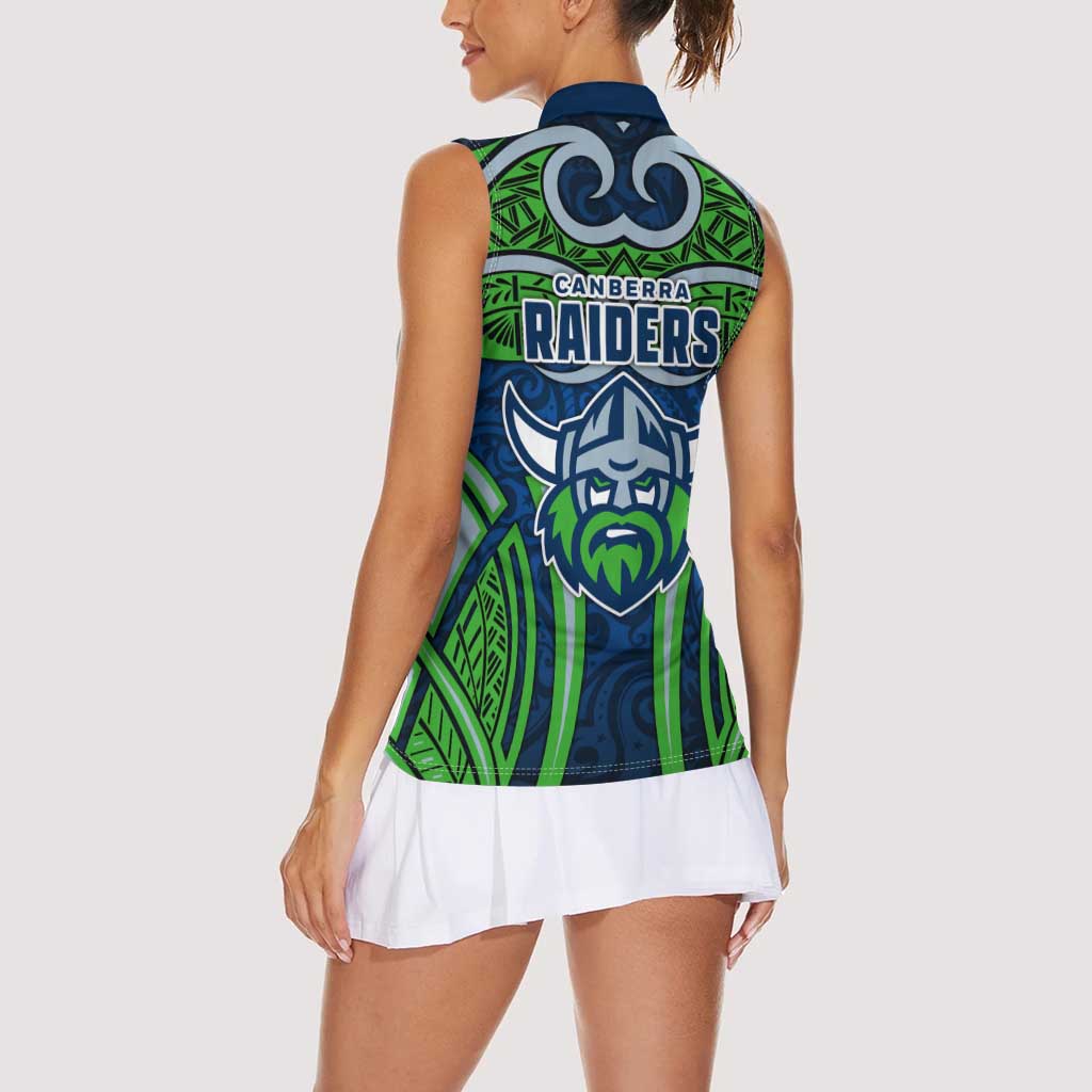 Canberra Raiders Rugby Women Sleeveless Polo Shirt Polynesian Tribal Viking Warrior Green Blue Pattern