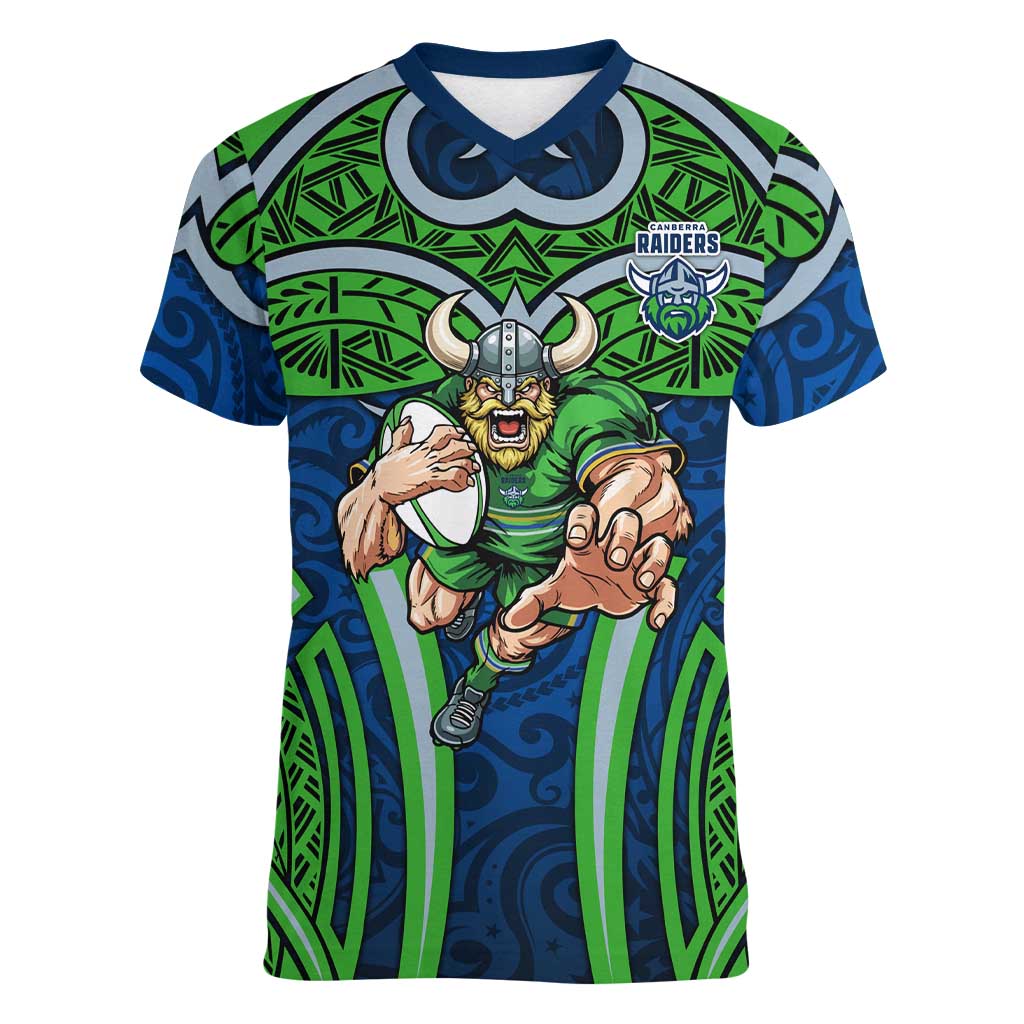 Canberra Raiders Rugby Women V-Neck T-Shirt Polynesian Tribal Viking Warrior Green Blue Pattern
