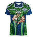 Canberra Raiders Rugby Women V-Neck T-Shirt Polynesian Tribal Viking Warrior Green Blue Pattern