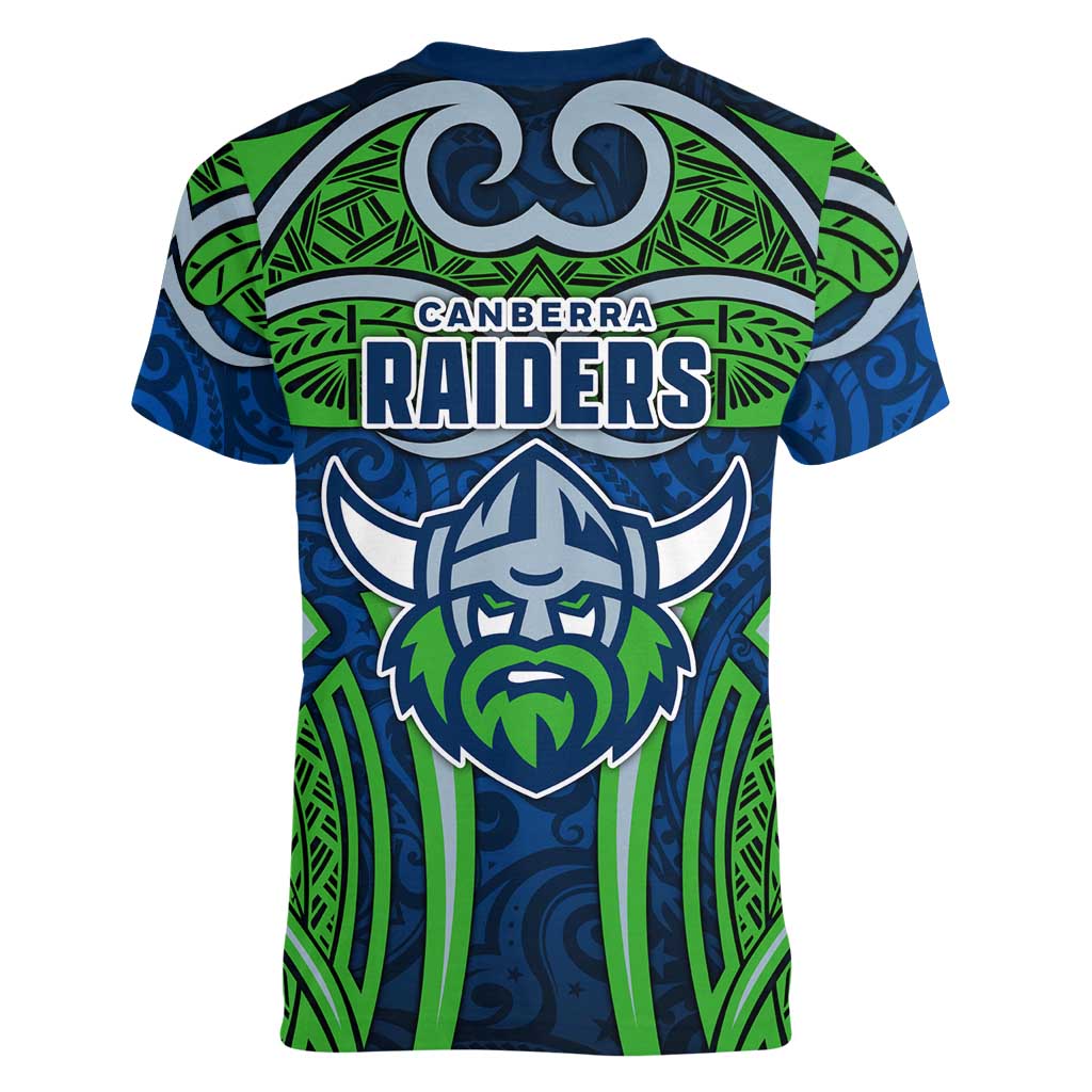 Canberra Raiders Rugby Women V-Neck T-Shirt Polynesian Tribal Viking Warrior Green Blue Pattern