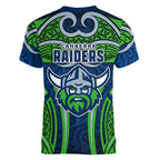 Canberra Raiders Rugby Women V-Neck T-Shirt Polynesian Tribal Viking Warrior Green Blue Pattern
