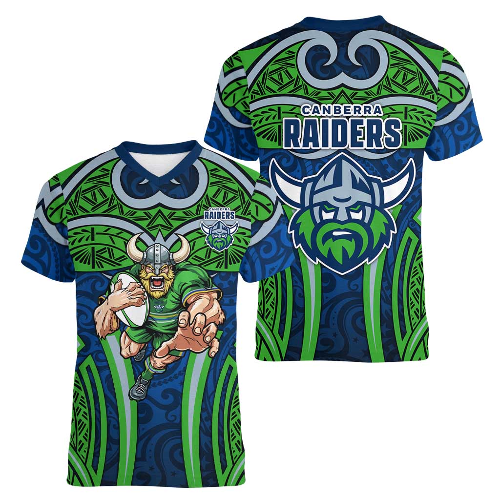 Canberra Raiders Rugby Women V-Neck T-Shirt Polynesian Tribal Viking Warrior Green Blue Pattern