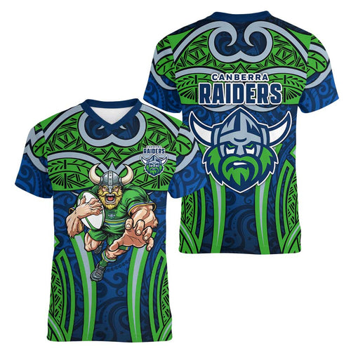 Canberra Raiders Rugby Women V-Neck T-Shirt Polynesian Tribal Viking Warrior Green Blue Pattern