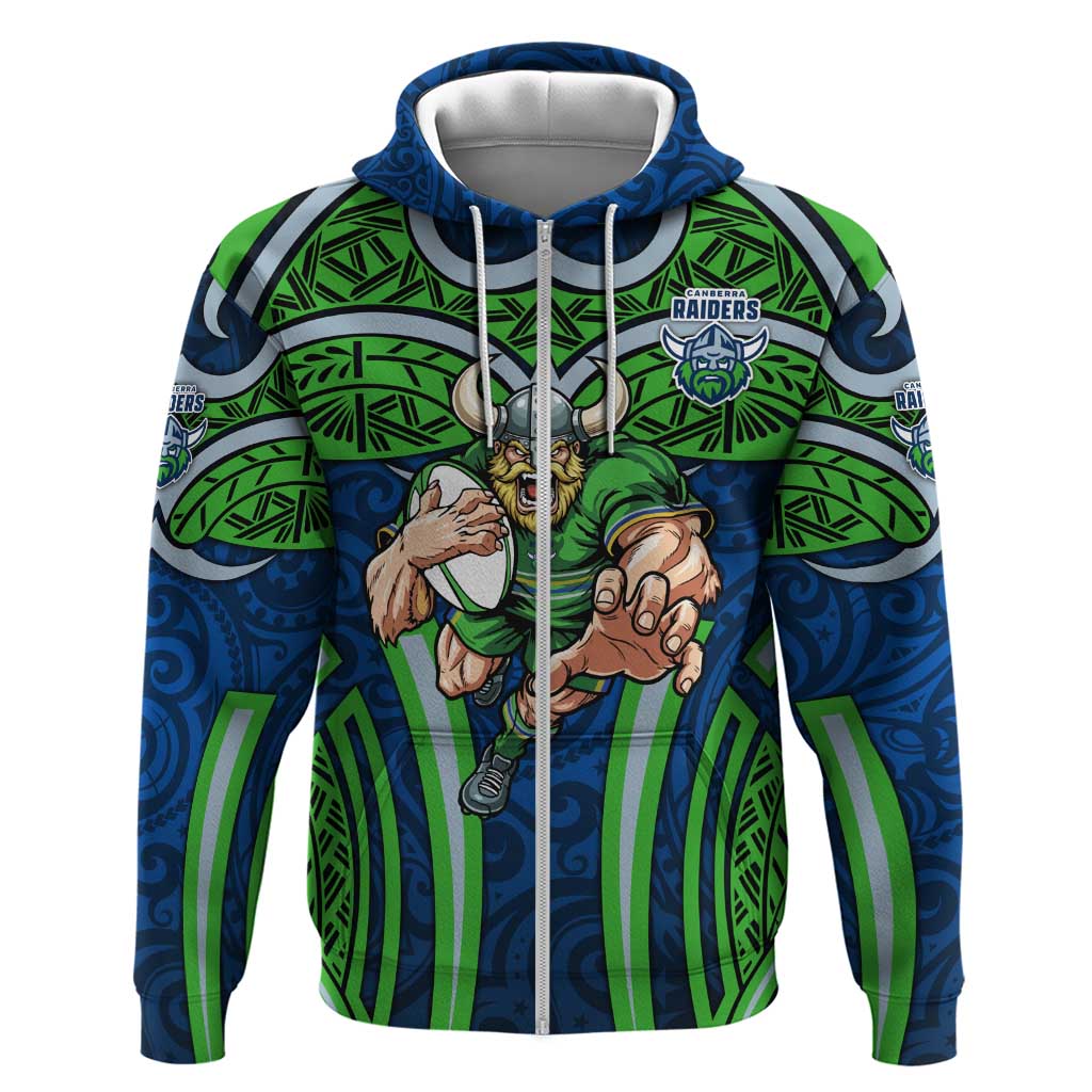 Canberra Raiders Rugby Zip Hoodie Polynesian Tribal Viking Warrior Green Blue Pattern