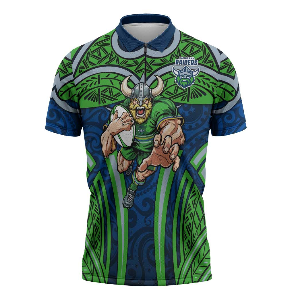 Canberra Raiders Rugby Zipper Polo Shirt Polynesian Tribal Viking Warrior Green Blue Pattern