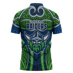 Canberra Raiders Rugby Zipper Polo Shirt Polynesian Tribal Viking Warrior Green Blue Pattern