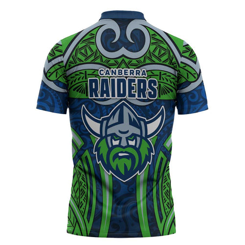 Canberra Raiders Rugby Zipper Polo Shirt Polynesian Tribal Viking Warrior Green Blue Pattern