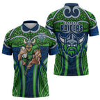 Canberra Raiders Rugby Zipper Polo Shirt Polynesian Tribal Viking Warrior Green Blue Pattern
