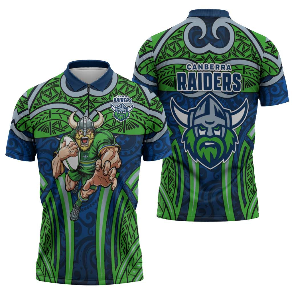 Canberra Raiders Rugby Zipper Polo Shirt Polynesian Tribal Viking Warrior Green Blue Pattern