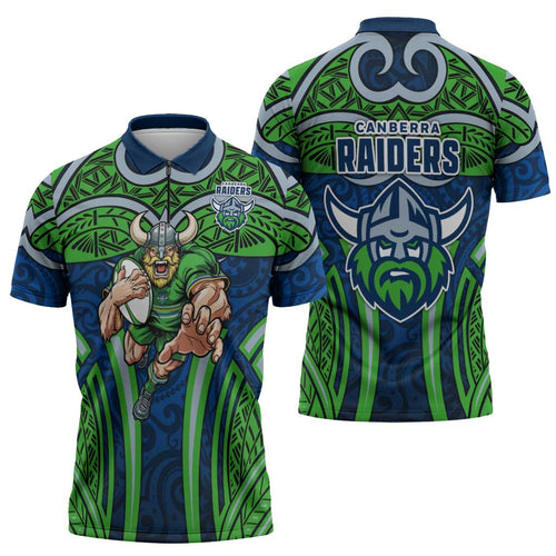 Canberra Raiders Rugby Zipper Polo Shirt Polynesian Tribal Viking Warrior Green Blue Pattern