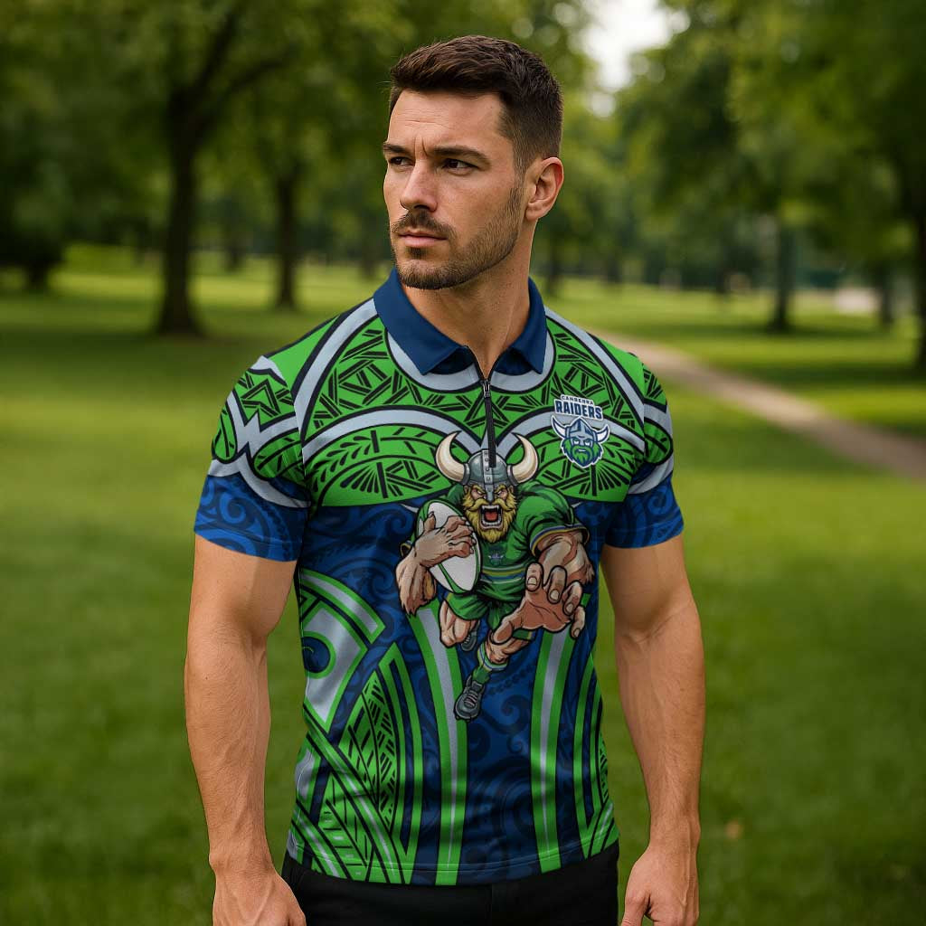 Canberra Raiders Rugby Zipper Polo Shirt Polynesian Tribal Viking Warrior Green Blue Pattern