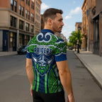 Canberra Raiders Rugby Zipper Polo Shirt Polynesian Tribal Viking Warrior Green Blue Pattern