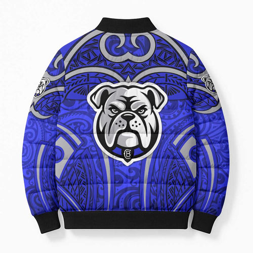 Canterbury Bankstown Bulldogs Rugby Bomber Puffer Jacket Polynesian Tribal Bulldog Warrior Blue Pattern