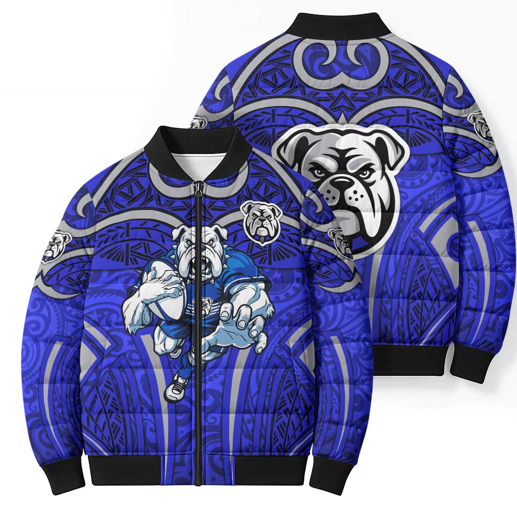 Canterbury Bankstown Bulldogs Rugby Bomber Puffer Jacket Polynesian Tribal Bulldog Warrior Blue Pattern