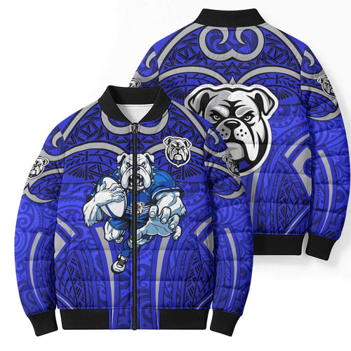 Canterbury Bankstown Bulldogs Rugby Bomber Puffer Jacket Polynesian Tribal Bulldog Warrior Blue Pattern