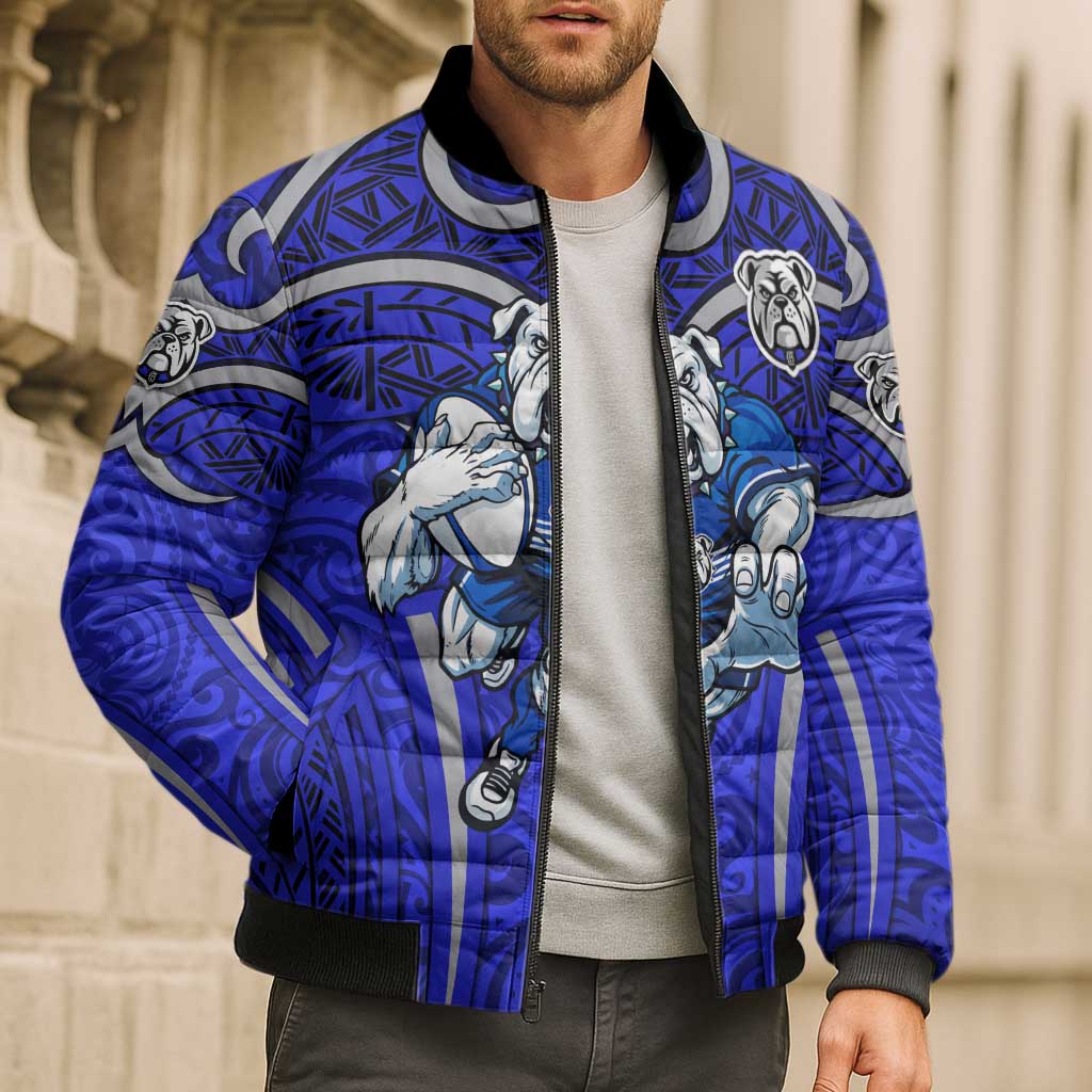 Canterbury Bankstown Bulldogs Rugby Bomber Puffer Jacket Polynesian Tribal Bulldog Warrior Blue Pattern