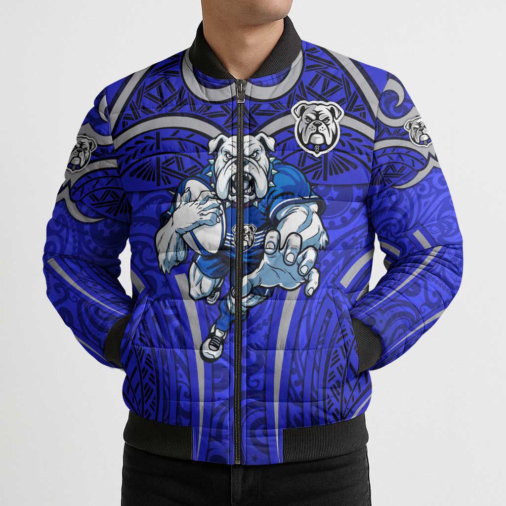 Canterbury Bankstown Bulldogs Rugby Bomber Puffer Jacket Polynesian Tribal Bulldog Warrior Blue Pattern