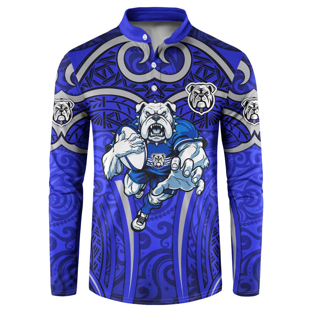Canterbury Bankstown Bulldogs Rugby Button Sweatshirt Polynesian Tribal Bulldog Warrior Blue Pattern