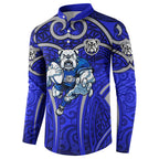 Canterbury Bankstown Bulldogs Rugby Button Sweatshirt Polynesian Tribal Bulldog Warrior Blue Pattern