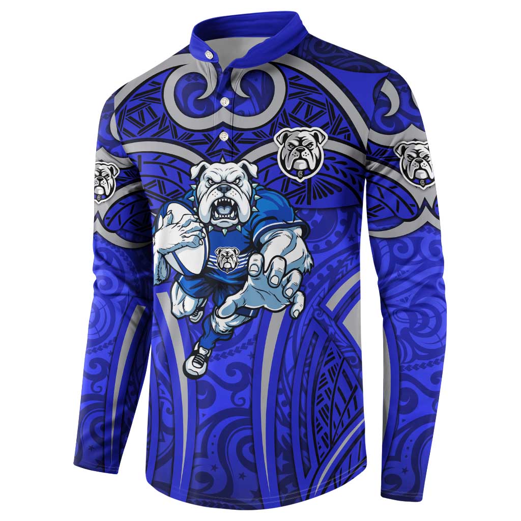Canterbury Bankstown Bulldogs Rugby Button Sweatshirt Polynesian Tribal Bulldog Warrior Blue Pattern