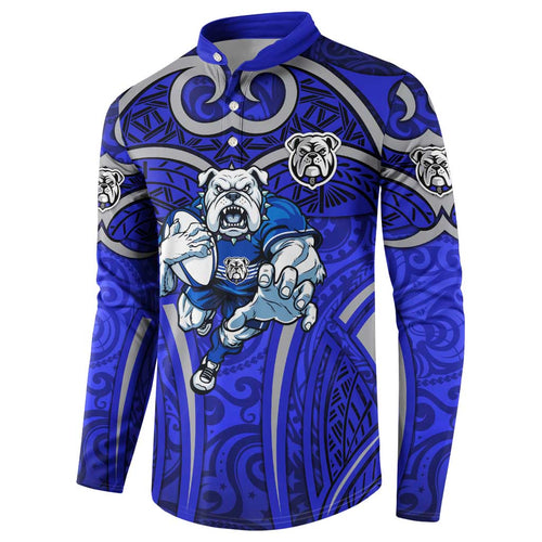 Canterbury Bankstown Bulldogs Rugby Button Sweatshirt Polynesian Tribal Bulldog Warrior Blue Pattern