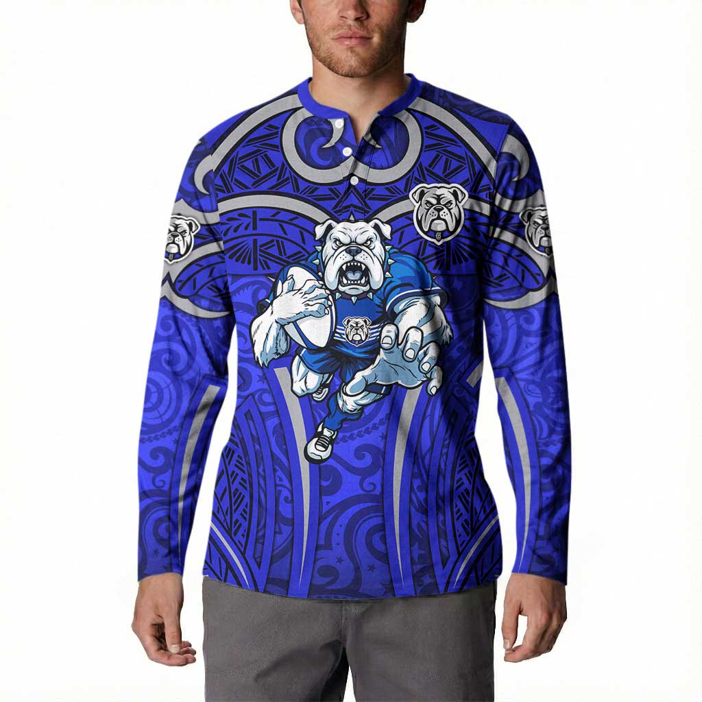 Canterbury Bankstown Bulldogs Rugby Button Sweatshirt Polynesian Tribal Bulldog Warrior Blue Pattern