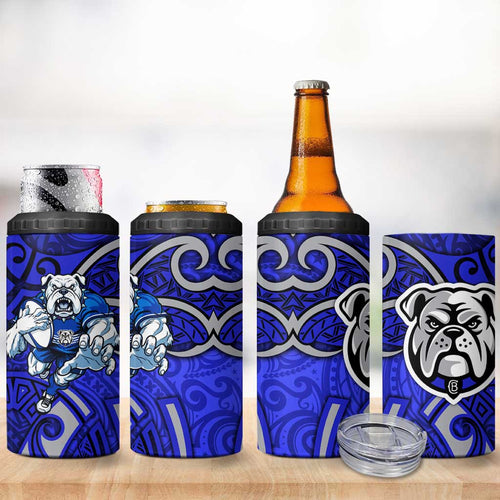 Canterbury Bankstown Bulldogs Rugby 4 in 1 Can Cooler Tumbler Polynesian Tribal Bulldog Warrior Blue Pattern