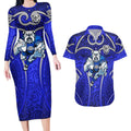 Canterbury Bankstown Bulldogs Rugby Couples Matching Long Sleeve Bodycon Dress and Hawaiian Shirt Polynesian Tribal Bulldog Warrior Blue Pattern