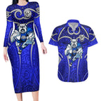 Canterbury Bankstown Bulldogs Rugby Couples Matching Long Sleeve Bodycon Dress and Hawaiian Shirt Polynesian Tribal Bulldog Warrior Blue Pattern