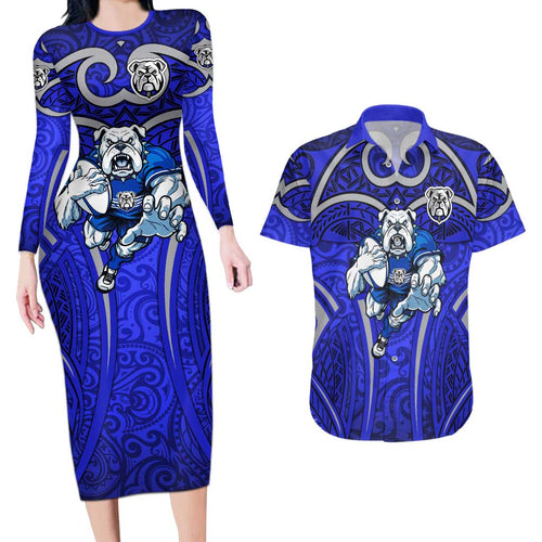 Canterbury Bankstown Bulldogs Rugby Couples Matching Long Sleeve Bodycon Dress and Hawaiian Shirt Polynesian Tribal Bulldog Warrior Blue Pattern