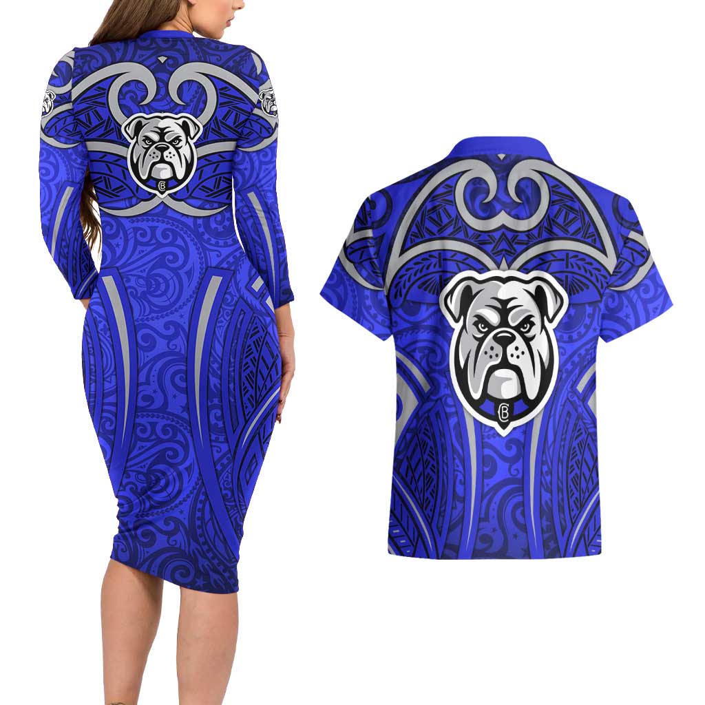 Canterbury Bankstown Bulldogs Rugby Couples Matching Long Sleeve Bodycon Dress and Hawaiian Shirt Polynesian Tribal Bulldog Warrior Blue Pattern
