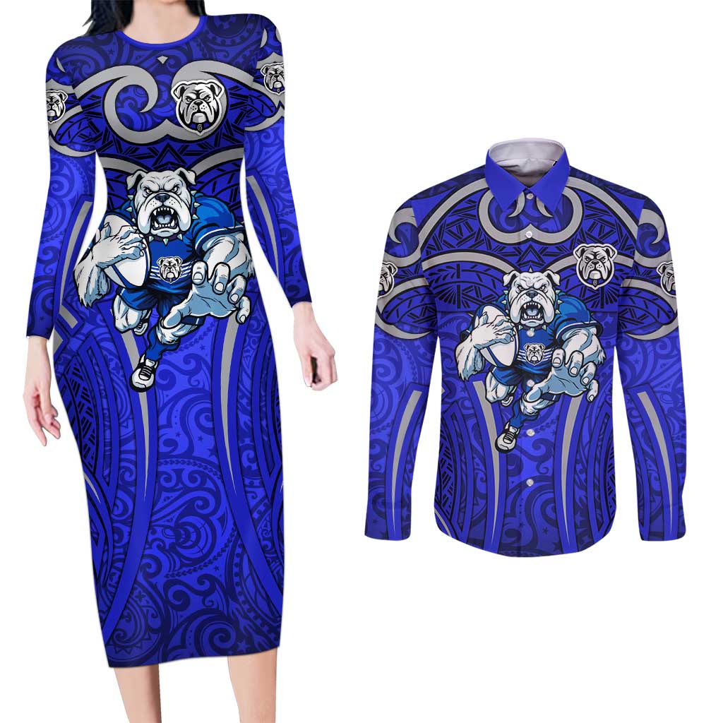 Canterbury Bankstown Bulldogs Rugby Couples Matching Long Sleeve Bodycon Dress and Long Sleeve Button Shirt Polynesian Tribal Bulldog Warrior Blue Pattern