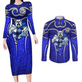 Canterbury Bankstown Bulldogs Rugby Couples Matching Long Sleeve Bodycon Dress and Long Sleeve Button Shirt Polynesian Tribal Bulldog Warrior Blue Pattern