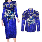Canterbury Bankstown Bulldogs Rugby Couples Matching Long Sleeve Bodycon Dress and Long Sleeve Button Shirt Polynesian Tribal Bulldog Warrior Blue Pattern