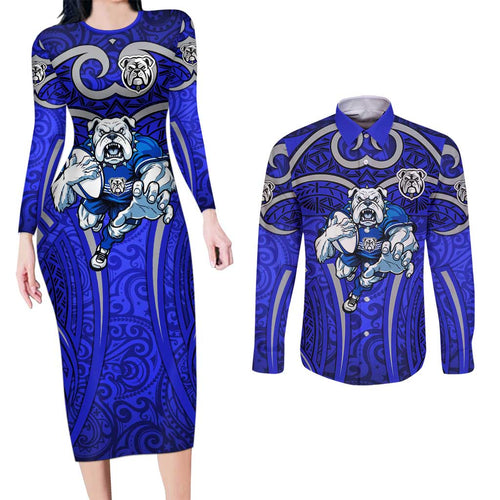 Canterbury Bankstown Bulldogs Rugby Couples Matching Long Sleeve Bodycon Dress and Long Sleeve Button Shirt Polynesian Tribal Bulldog Warrior Blue Pattern