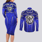 Canterbury Bankstown Bulldogs Rugby Couples Matching Long Sleeve Bodycon Dress and Long Sleeve Button Shirt Polynesian Tribal Bulldog Warrior Blue Pattern
