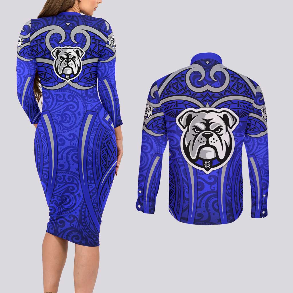 Canterbury Bankstown Bulldogs Rugby Couples Matching Long Sleeve Bodycon Dress and Long Sleeve Button Shirt Polynesian Tribal Bulldog Warrior Blue Pattern